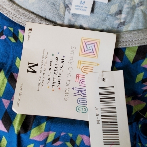 NWT Lularoe Julia, blue w/multicolored geometric pattern/gray sleeves, size M - Picture 4 of 5